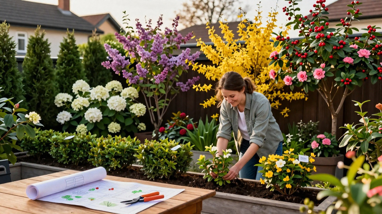 Mulher cuidando de plantas em jardim florido com várias flores coloridas em canteiros elevados.