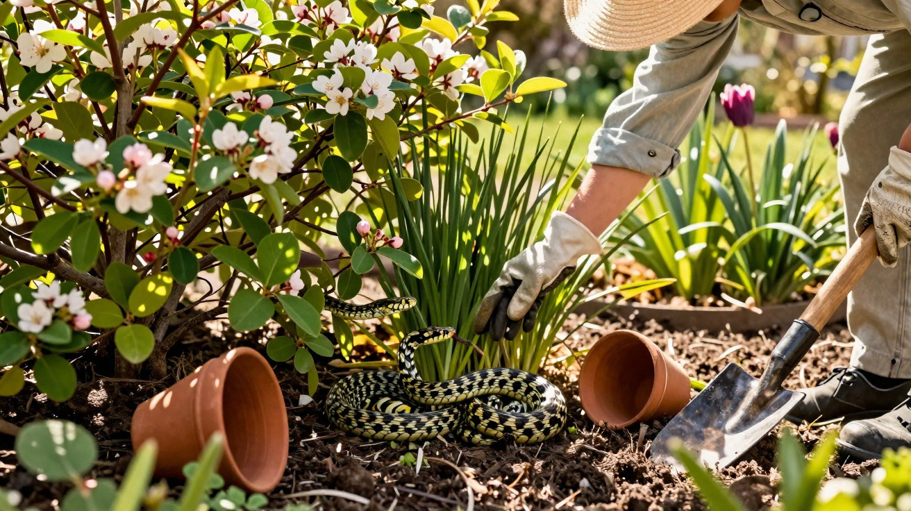 Pessoa usando luvas e chapéu mexendo na terra perto de cobra em jardim com flores e vasos.