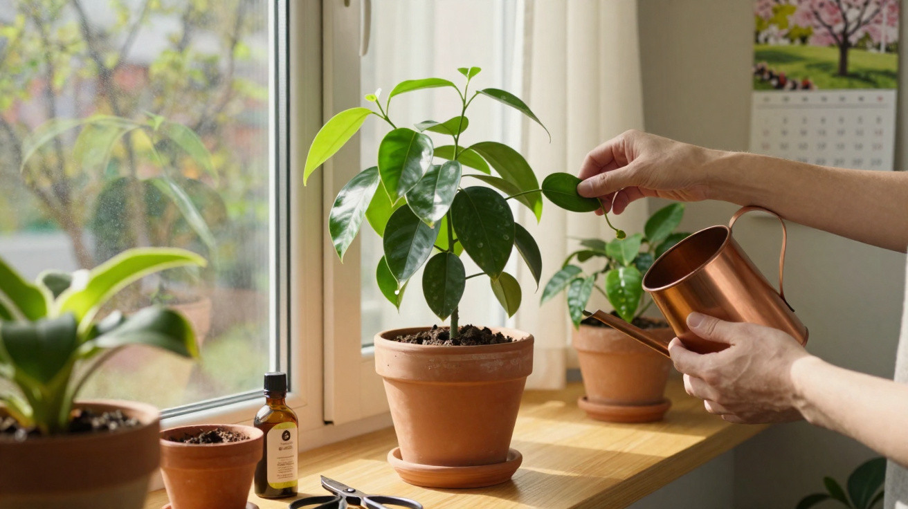 Mãos regando planta em vaso de barro em parapeito de janela com outras plantas e calendário ao fundo.