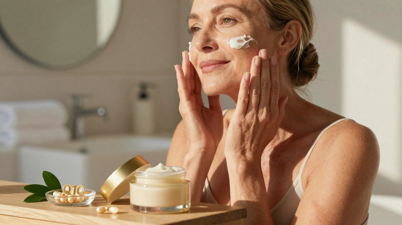Mulher madura aplicando creme no rosto em ambiente iluminado, com pote e cápsulas de vitamina Q10 à frente.