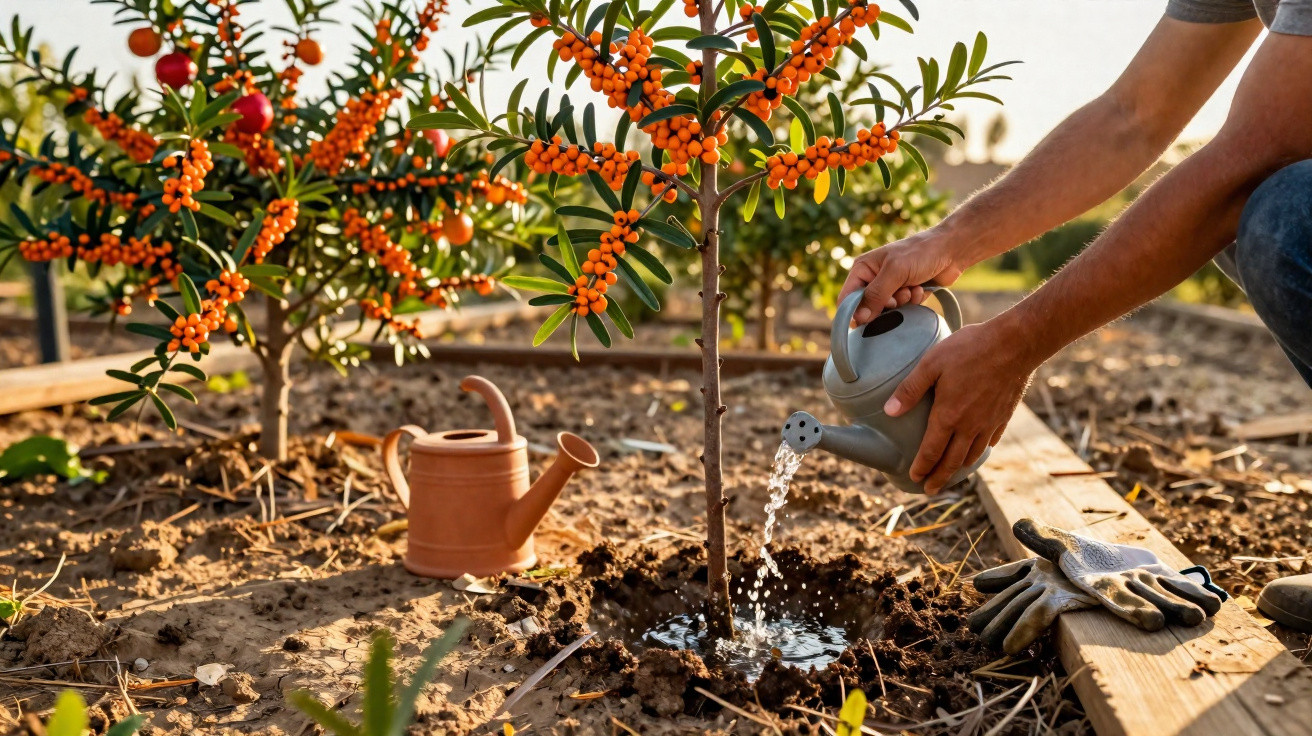 Pessoa regando uma muda de arbusto com frutos alaranjados em canteiro de terra ensolarado.