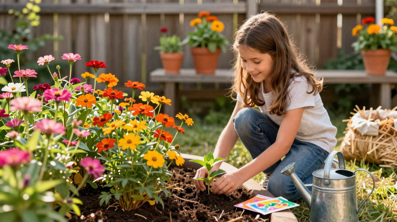 Menina sorrindo plantando muda em jardim com flores coloridas e regador ao lado durante o dia.