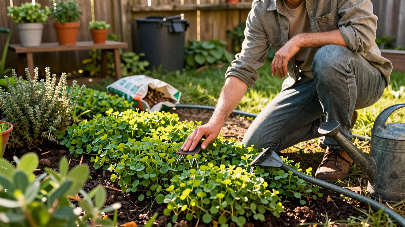 Pessoa cuidando de plantas em canteiro de jardim, com regador e ferramentas ao redor.
