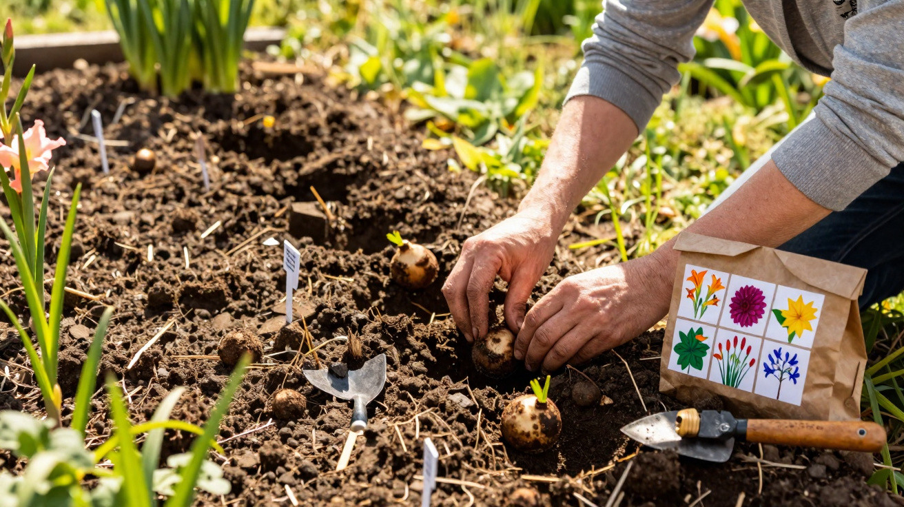 Pessoa plantando bulbos de flores na terra de um jardim ensolarado com ferramentas de jardinagem ao lado.