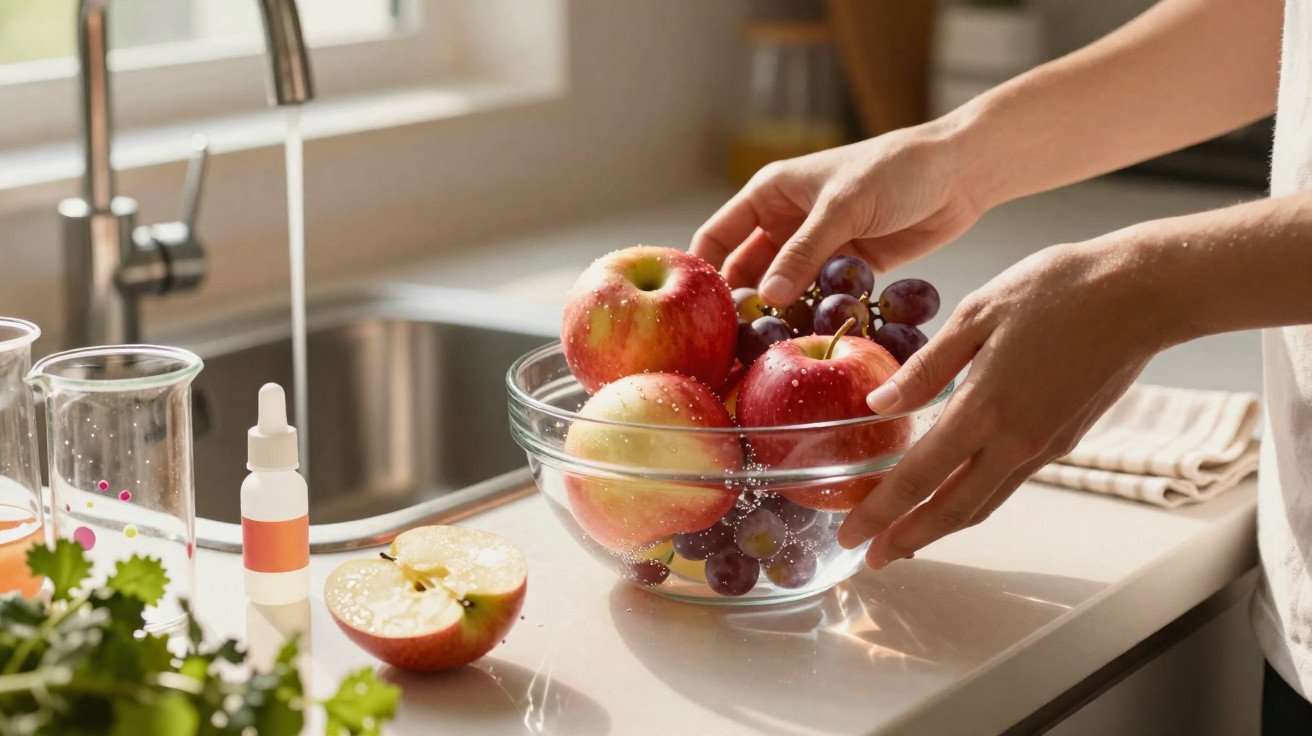 Pessoa lavando maças e uvas em uma tigela de vidro na pia da cozinha com luz natural.